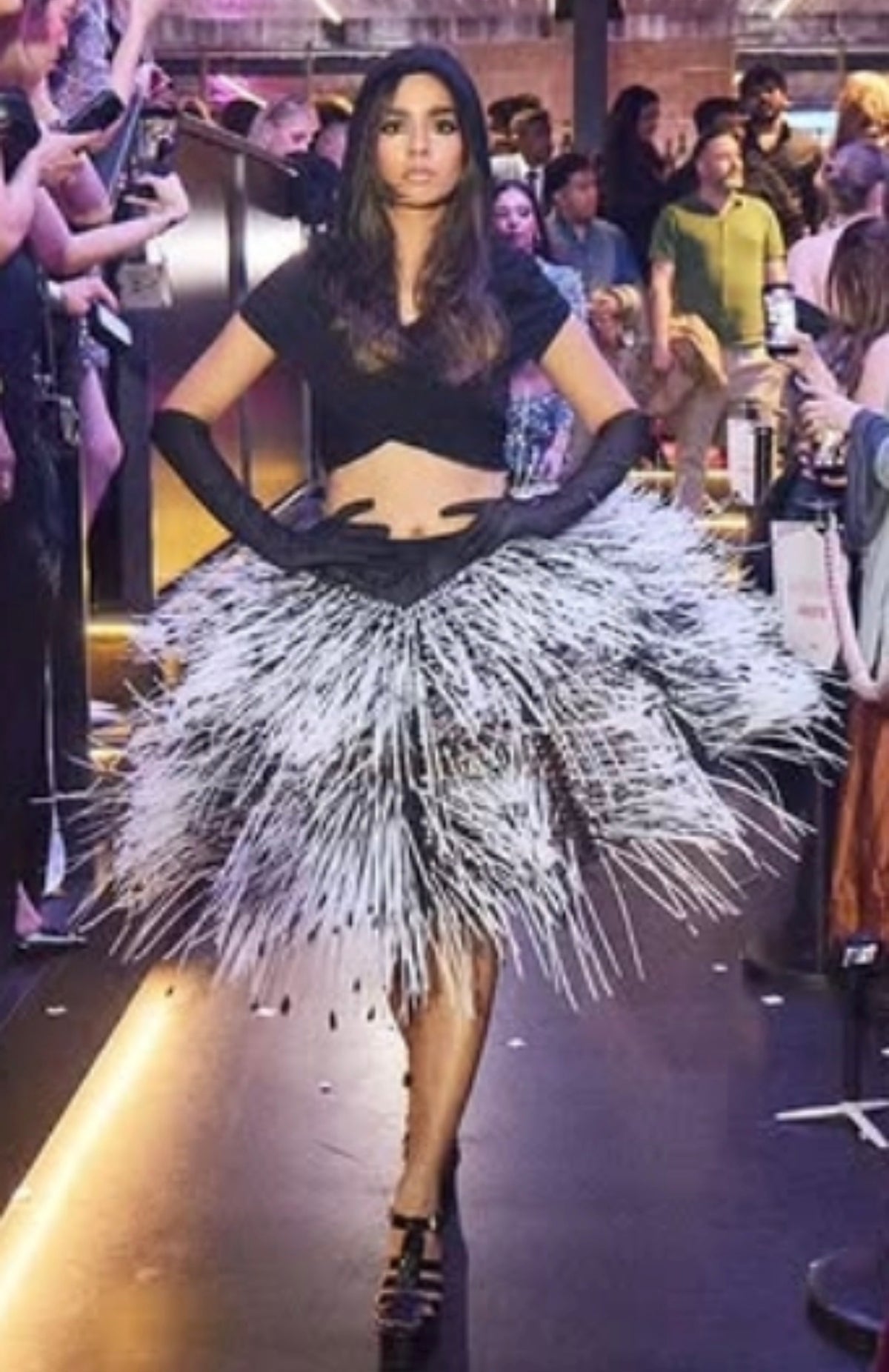 Black and white urchin skirt and black hooded top