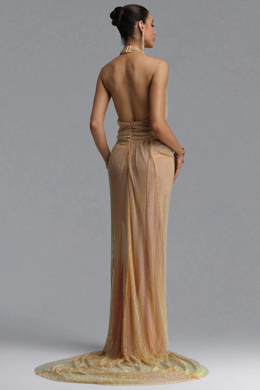 Yvette Gold Embellished Halter Maxi Dress