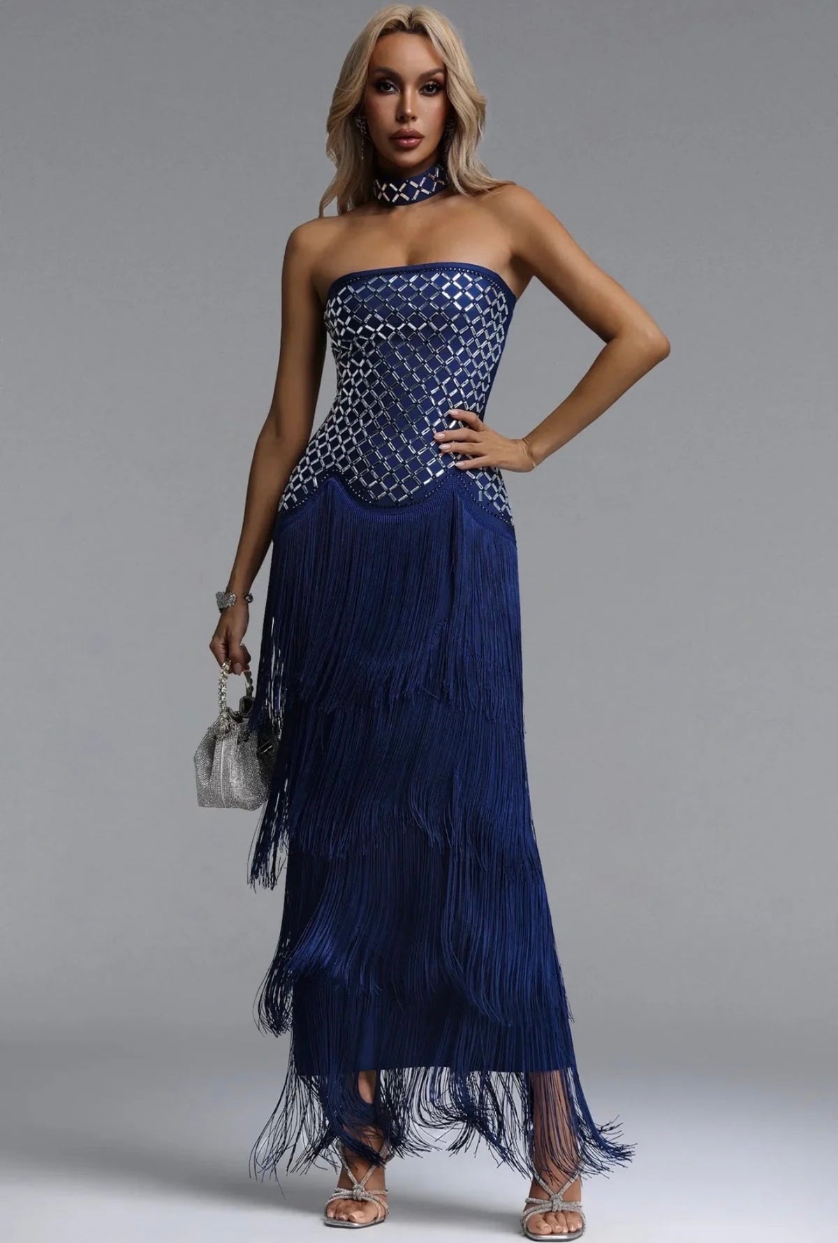 Jeruisha Royal Blue Embellished Tassel Maxi Dress