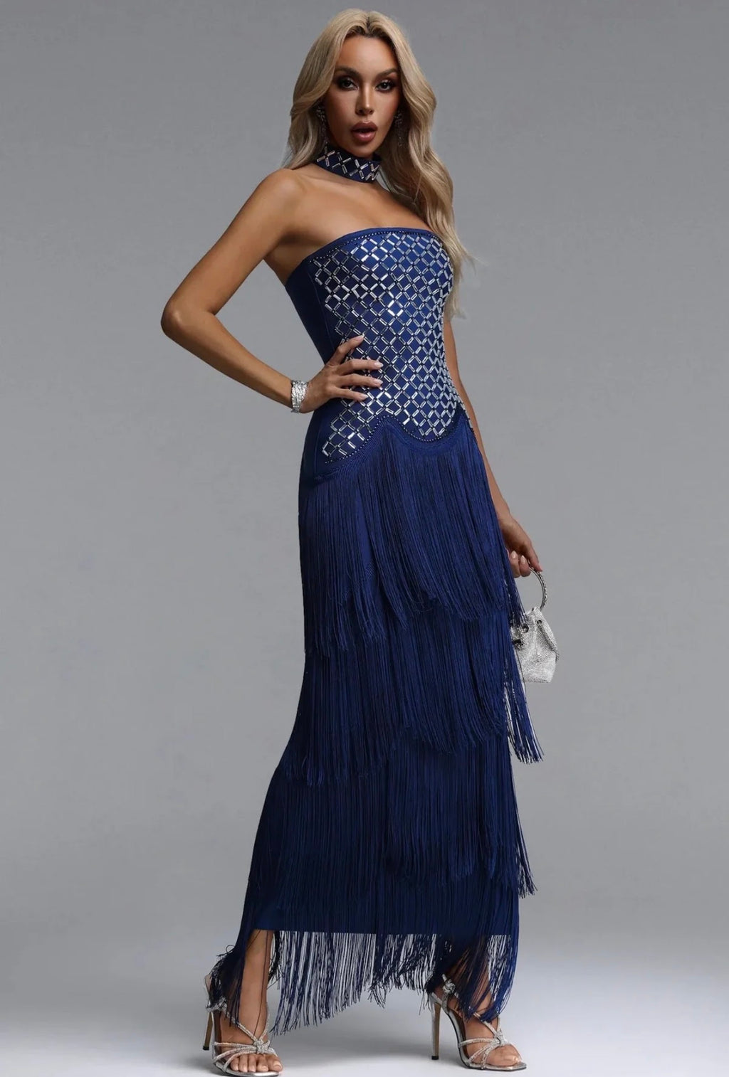 Jeruisha Royal Blue Embellished Tassel Maxi Dress