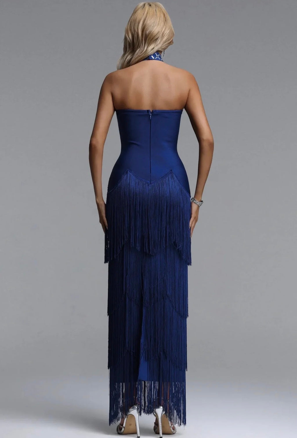 Jeruisha Royal Blue Embellished Tassel Maxi Dress