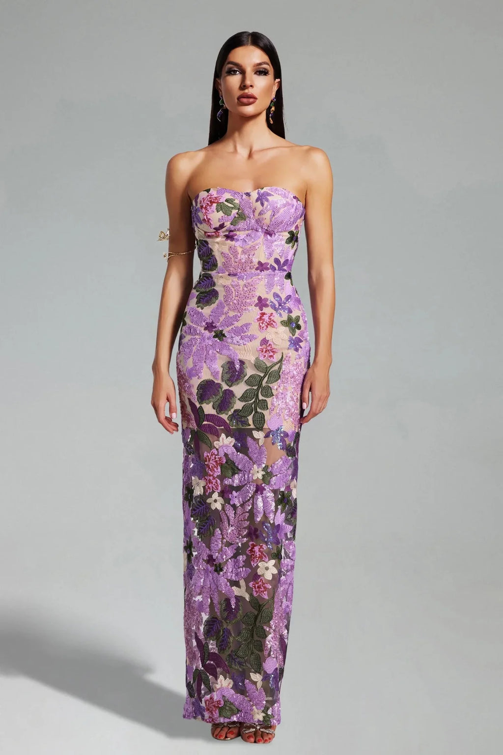 Mariposa Embellished Strapless Midi Dress – Lilac Floral