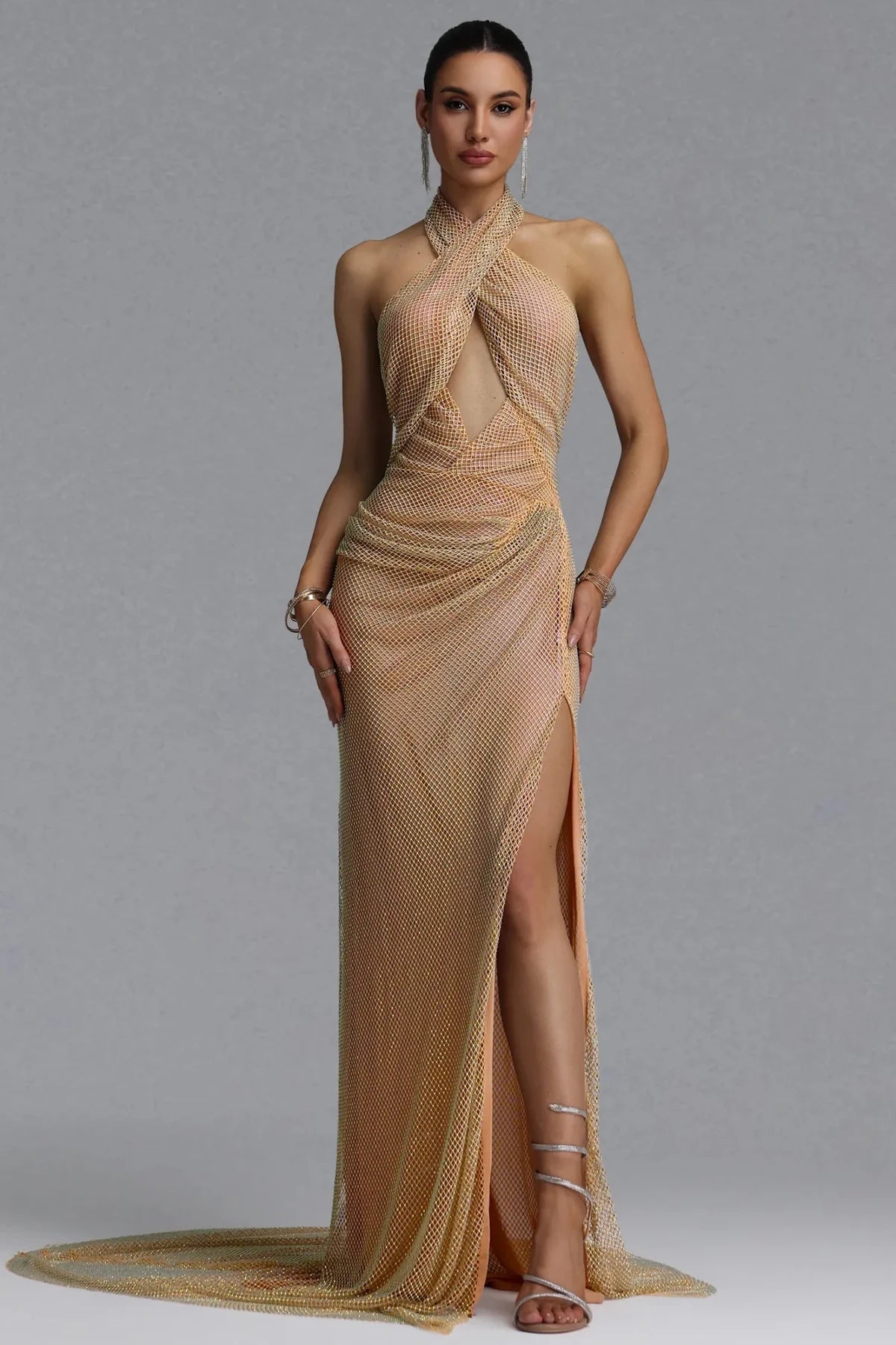 Yvette Gold Embellished Halter Maxi Dress